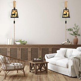 Sunnyin Wall Lamp Plug in,Deer Metal Wood Shelf Bracket Rustic Wall Sconces,Parchment Shade Farmhouse Wall Sconces Set of Two,Vintage Wall Mount Lights That Plug in,Wall Lamps for Living Room,Bedroom