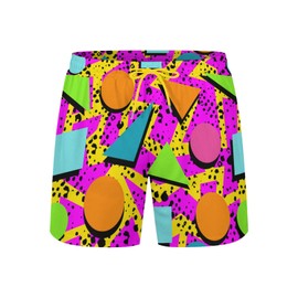 KSLIDS Mens Swim Trunks with Compression Liner 2-in-1 Swimming Shorts 5 inch Inseam Quick Dry Beach Board Shorts, 80s Memphis, X-Large