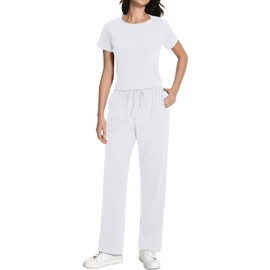 Lounge Loose Fit 2 Piece Sets for Women Dressy Outfits Summer Vacation 2025 Active Short Sleeve Cropped Tshirts High Waist Pants Cotton Travel Workout Yoga Sweat Women's Suits Pajama Sets White M