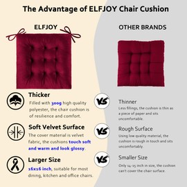 ELFJOY 4 Pack Chair Cushions for Dining Chairs Chair Pads Cushion for Kitchen Office Tufted Square Seat Cushion with Ties (16" Burgundy Velvet)