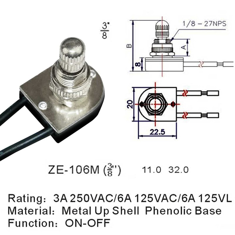 Rhinenet Rotary Switch Zing Ear ZE-106M On/Off 3/8" Light Lamp
