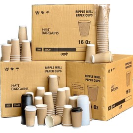 HOT BARGAINS 100 X 16oz Kraft Triple Walled Disposable Paper Ripple Cups + LIDS for Free