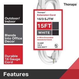 Thonapa 2 Pack White Extension Cord 15 ft, 16/3 SJTW Weatherproof Indoor & Outdoor Extension Cord 3 Prong Grounded Plug, Heavy Duty Power Cable Great for Home, Office, Outdoor Lights, US Veteran Owned