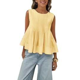 Megfie Womens Summer Pleated Peplum Sleeveless Blouse Tank Tops Round Neck Y2K Babydoll Blouse Shirt(0869-Yellow-XL)