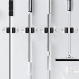 HYRIXDIRECT Mop and Broom Holder Wall Mount Heavy Duty Stainless Steel Wall Mounted Broom Organizer Laundry Room Home Garden Garage Storage and Organization Rack (Silver)