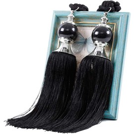 Happyupcity 2PCS Black Curtain Tassel Tiebacks Crystal Beaded Fringe Rope Tassel Tie Backs Pair Curtain Holdbacks Liner Ties for Drapery Window Door Decorations