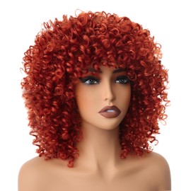 PORSMEER 14 inch Afro Curly Wigs for Women, Short Loose Kinky Curly Wigs with Bangs for Black Women, Synthetic Afro Curls Hair 70s (Auburn)