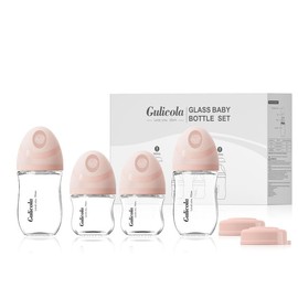 Gulicola 4pk Infant Glass Bottles , Anti-colic Breastfeeding Bottles with Slow Flow Nipples for Babies, 0 Months+, 3 oz & 5 oz - Black/White/Pink - Colour: Pink