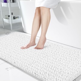 Yimobra Chenille Bath Rug, 60.2 x 24 Inches, Extra Soft & Comfortable Bathroom Mat Rugs, Large Size, Super Absorbent and Thick, Non-Slip Plush Carpet Runner for Tub, Shower, Bath Room, Bright White