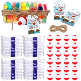 Wonderjune 48 Sets 48 Sets Fishing Party Favors Candy Little Tackle Boxes with 48 Red White Floater 48 Thank You Cards for Making My Reel Fun Fishing Theme Party Decorations