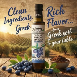 Aleta Farms Balsamic Vinegar, Greek Organic Blueberry Infused Aged Balsamic Vinegar, USDA Organic, Perfect for Salad Dressings, toast, Desserts, Glass Bottle, 8.45 fl oz (Blueberry)