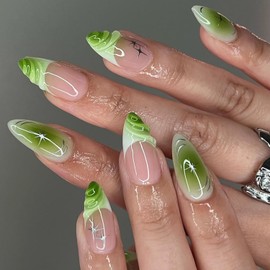 24Pcs Green Press on Nails Medium Almond Fake Nails with 3D Ripple Designs Silver Star False Nails Green Gradient Glue on Nails Full Cover French Acrylic Nails French Tip Stick on Nails for Women