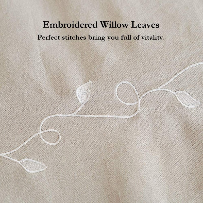 BISELINA French Linen Duvet Cover Set 3pcs Embroidered Willow Leaf