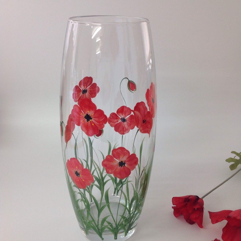 Rossvar Hand Painted Large Barrel Vase Red Poppy Design
