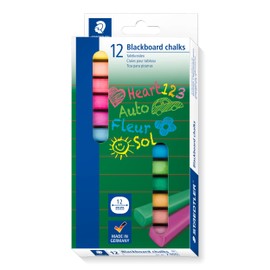 Staedtler 2350 Blackboard Chalk Square with Rounded Edges Low Dust Easy Wipe Clean Cardboard Case with 12 Chalks White, Coloured, black/white