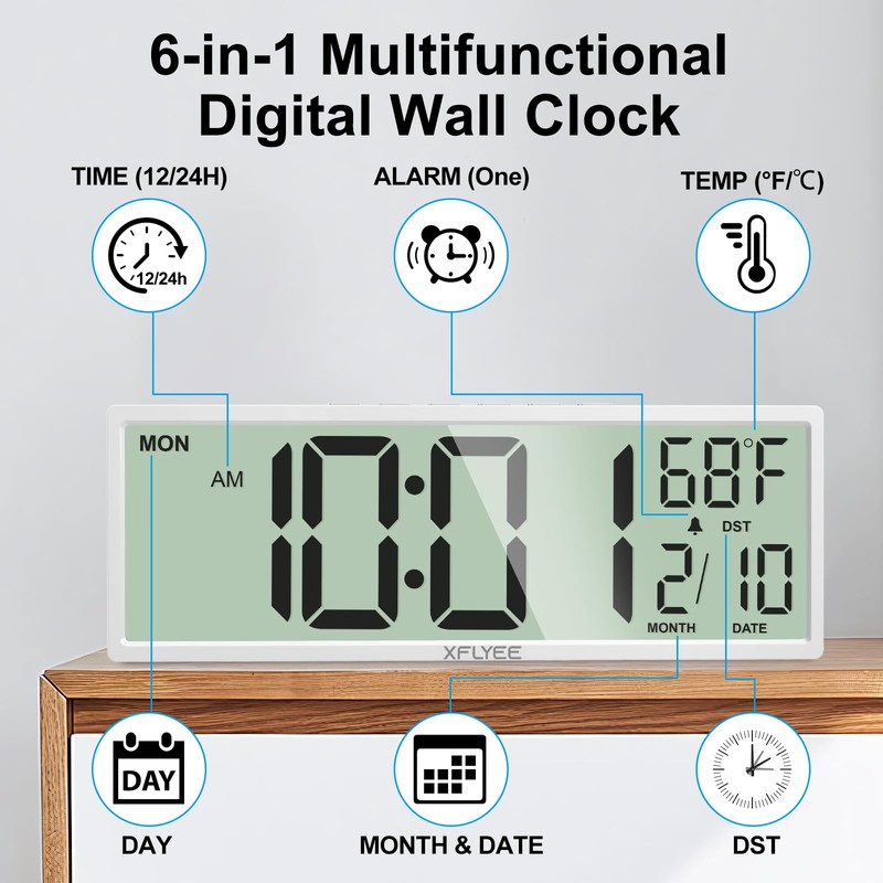 Xflyee 14.5'' Large Digital Wall Clock Battery Operated with Jumbo