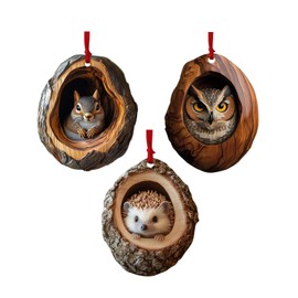 Racoon Owl Christmas Tree Decorations, 2D Raccoon Squirrel Ornament Pendant, Cute Animal Rustic Seasonal Décor, Hedgehog Bunny Bird Christmas Ornaments For The Home, Ceiling, Shelf, Bookshelf