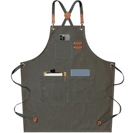 Generic Men Chef Aprons With Large Pockets Cotton Canvas Cross Back Adjustable Chef Apron For Kitchen Garden Cooking For Women,Gray Green