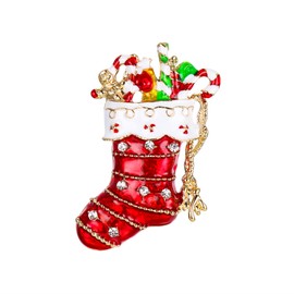 EVER FAITH Austrian Crystal Lovely Red Santa Stocking Candy Cane Brooch Gold-Tone