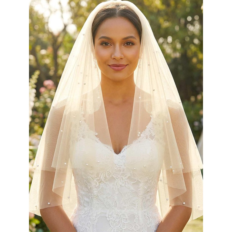 HEREAD Pearl Bride Wedding Veil Short Elbow Length 2 Tier