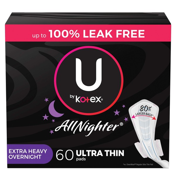U by Kotex AllNighter Extra Heavy Overnight Feminine Pads with Wings, Ultra Thin, 60 Count (3 Packs of 20) (Packaging May Vary)