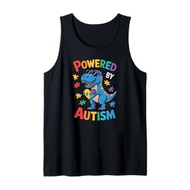 Powered by Autism Dinosaur Puzzle Heart Colorful Design Tees Tank Top
