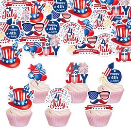 48Pcs Edible Happy Independence Day Cupcake Toppers Wafer Paper 4th of July Cupcake Picks Independence Day Parties Patriotic Theme Party Supplies