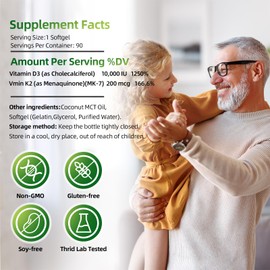 LIVEGIS Vitamin D3 K2 Softgels, Vitamin D3 10000 IU with K2 (MK-7) 200 mcg with Coconut Oil Softgels, Easy to Swallow 2 in 1 Vitamins D & K Combo