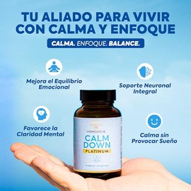Homodeus Calm Down Platinum | GABA, 5-HTP, L-Teanina, Glicinato de Magnesio, Bacopa, Passiflora, Zinc, Vit. B6, B12 y D | Suplemento Relajación y Clar