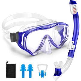 HIKOTEY Snorkeling Set for Kids, Full Dry Snorkeling Mask Set for Adults, Anti-Fog Protection, Unisex,HD Panoramic View, Snorkeling Gear for Kids 4-14 Age (Transparent+Deep Blue)