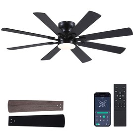 BYKISTOK Black Ceiling Fan with Light and Remote/APP Control, 52in Flush Mount Fan Light with 8 Blades, Reversible and LED Dimmable, Indoor Outdoor Light Fixture for Bedroom, Covered Patios