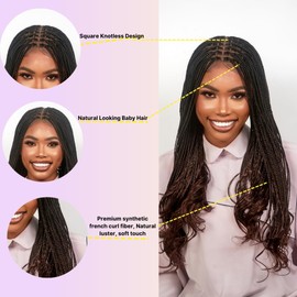 Wow Braids 18" 360 HD Transparent Full Lace Knotless Braided French Curls Wig – Synthetic, Pre-Plucked With Baby Hair, Curly Tips, Color B29-Black/Brown Ombre, Handmade Box Braided Wig for Black Women