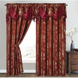 GOHD Luxe Love. Jacquard Window Curtain Panel Drape with Attached Fancy Valance. 2pcs Set. (Wine, 54" Wide x 84" Drop with 18" Valance x 2pcs)
