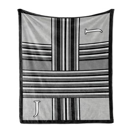 Ambesonne Letter J Throw Blanket, Monochrome Style Lines and Stripes with Old Vintage Look Classic Geometry, Flannel Fleece Accent Piece Soft Couch Cover for Adults, 50" x 60", Charcoal Grey White