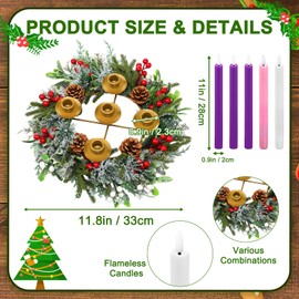 Suncalla 6 Pcs Christmas Advent Wreath with 5 Advent Candles Holder, 11.8" Catholic Wreath with Remote, 5 Flickering Flameless Candle for Church Table Holiday Decor Gifts, Exclude Battery(Pine Needle)
