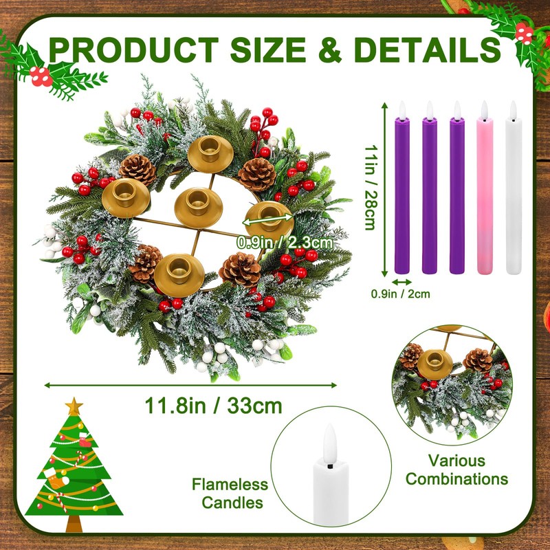 Suncalla 6 Pcs Christmas Advent Wreath with 5 Advent Candles