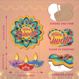 LHIUEM Happy Diwali Wood Signs Diwali Party Games Wall Decor Set of 2(10“X20”)Lotus Hangings Decoration Indian Happy Diwali Banner Wooden Decor Diwali Decorations for Home Housewarming Indian Garland