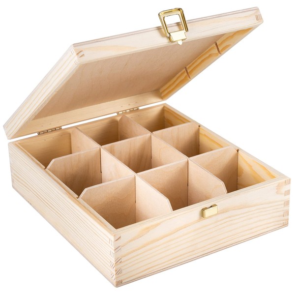 Creative Deco Unpainted Wooden Tea Box Storage with Lid | 9 Compartments | 23.5x20.5x7.5cm | Natural Wood | Luxury Compartment Organiser Christmas Xmas Keepsake Caddy Chest for Chocolate & Coffee