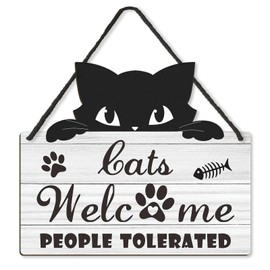 Cats Welcome People Tolerated - Cat Gift for Cat Lover, Cat Gift for Pet Shop Home Decor, Cat Mom, Wooden Hanging Cat Wall Decor