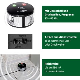 GARDIGO® Mäuseabwehr & Ameisen Abwehr Duo I 25-65 kHz Ultraschall und Druckwellen | Tiervertreiber für den Innenbereich | Ultraschall Schädlingsbekämpfer gegen Mäuse, Ratten, Ameisen, Silberfische