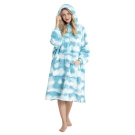 Winthome Lengthen Oversized Blanket Hoodie for Women Men Adult, Sherpa Fleece Wearable Blanket with Zipper, Gift for Family Friends (Blue Clouds, Adult size)