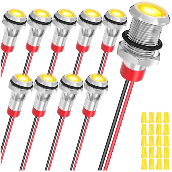 MKBKLLJY 10Pcs 8mm DC12-24V Yellow LED Metal Indicator Light Waterproof