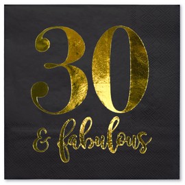 WRAPAHOLIC 50Pcs Black Gold 30 Fabulous Birthday Napkins - 3-Ply Disposable Paper Cocktail Napkin for Birthday Tableware Party Supplies - 5 x 5 In