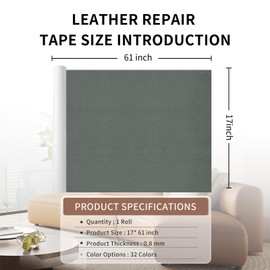 Leather Repair Patch Tape, Dark Grey 17 x 61 Inches Self Adhesive Leather Repair Kit for Furniture, Car Seat,Vinyl Leather Repair Kit for Office Chairs, Bags, Luggage