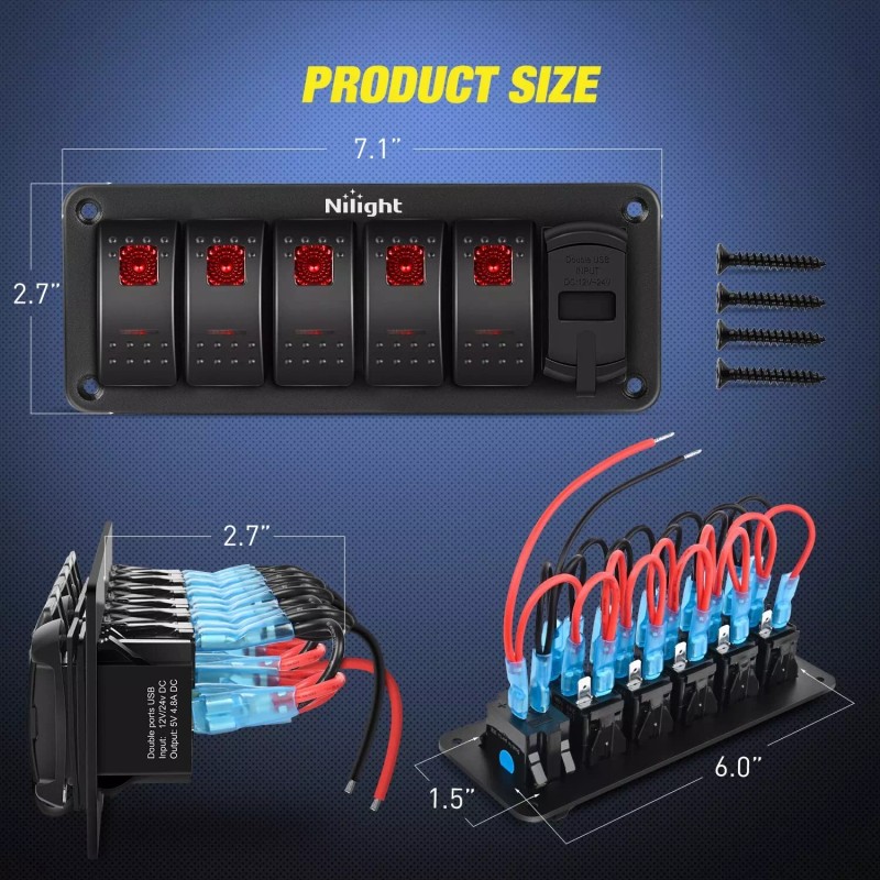 Nilight 5 Gang Rocker Switch Panel Red Backlit with 4.8
