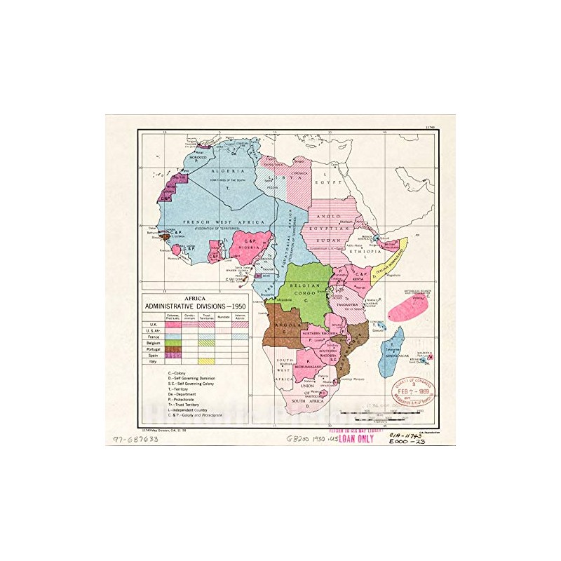 Historic 1950 Wall Map - Africa, Administrative divisions, 1950. 16in