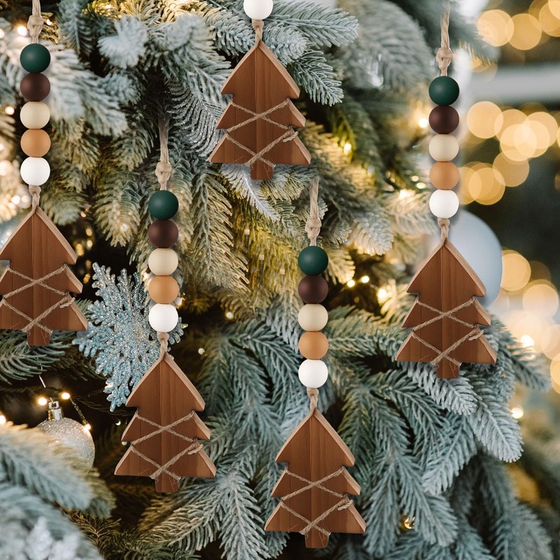 Civaner 6 Pcs Neutral Christmas Tree Hanging Ornament Rustic Wooden