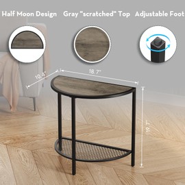 SAYGOER Half Moon Side Table 19.7'' Bed Night Stand 18.7"*10.4" Small End Tables for Living Bed Room 2 Tier Wood Couch Tables with Storage Shelf Adjustable Feet, Rustic Gray