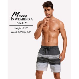 SILKWORLD Mens Swimsuit Trunks 4 Way Stretch Mens Swim Trunks with Compression Liner Bathing Suit Quick Dry Swim Shorts with Zipper Side Pockets, Stripe (Black & Gray Gradient), Small