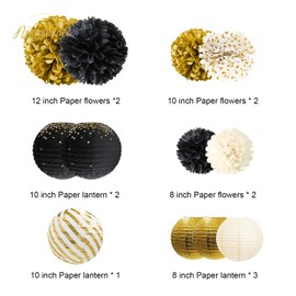 NICROLANDEE Black Gold Party Decorations, Pack of 12 Paper Lanterns, Tissue Paper Pompoms, Black Gold Hanging Background Decor for Graduations, Birthday, New Year Party, New Year's Eve Decoration 2025